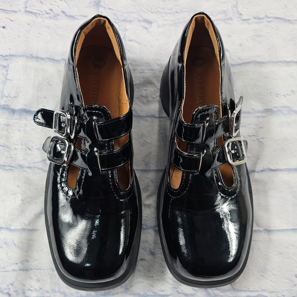 Joystry Platform Mary Jane Womens 42 9 Black Patent Leather Double Buckle Wedge - Picture 2 of 10